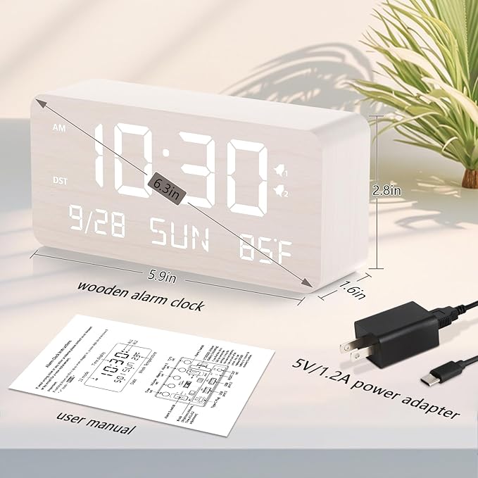Fomobest Wooden Digital Alarm Clock for Bedroom - Desk Clock with Date, Day of Week, Temperature, Dual Alarms, Dimmer, USB Port Charge, DST, Adjustable Volume for Living Room/Office Wood Decor (White)