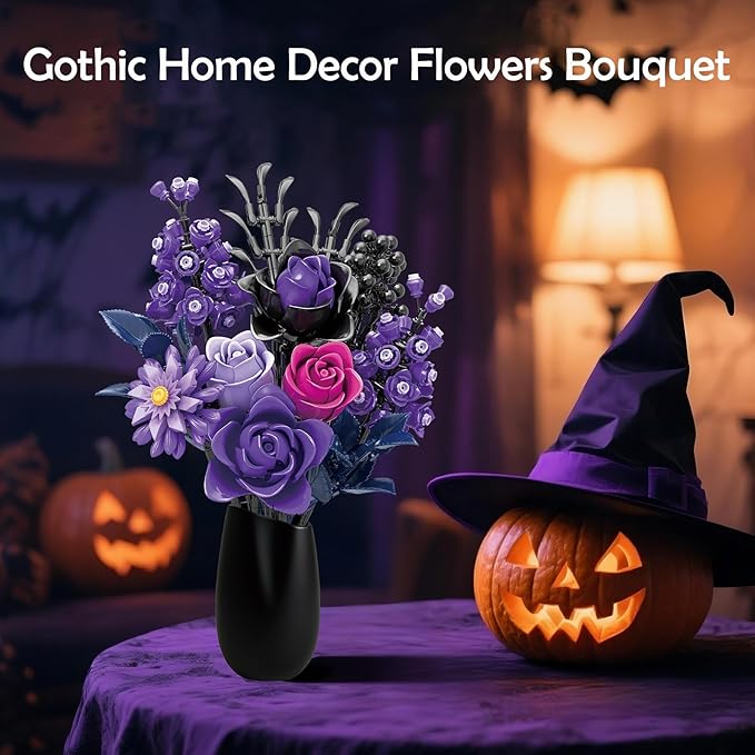 Purple Roses Bouquet Building Blocks Set, Botanical Collection Artificial Flowers Compatible with Lego Flowers, Christmas Decor Gift for Adults Teens Women, Gothic Home Decor Bouquet