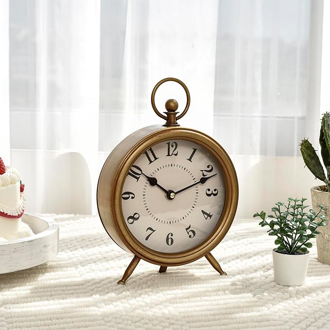 MACVAD Vintage Table Clock on Stand, Decorative Desk and Shelf Clock Farmhouse Mantel Non-Ticking Clock Rustic Metal Frame with Antique Gold Finish