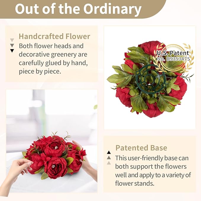 NUPTIO Flower Balls Flowers for Centerpieces: 10 Pcs 9.4 inch Diam Red Artificial Peony Fake Flower Ball Arrangement Bouquet Wedding Centerpieces for Tables Wedding Centerpiece Decorations