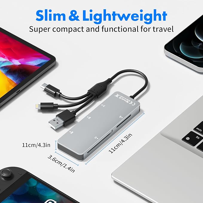 Memory Stick Pro Duo Adapter for iPhone/PC/iPad, 5 in 1 Memory Stick Pro Duo Reader for SD/TF/CF/MS/XD Card, Aluminum Portable Design XD Card Reader with Lightning/USB-C/USB-A Port