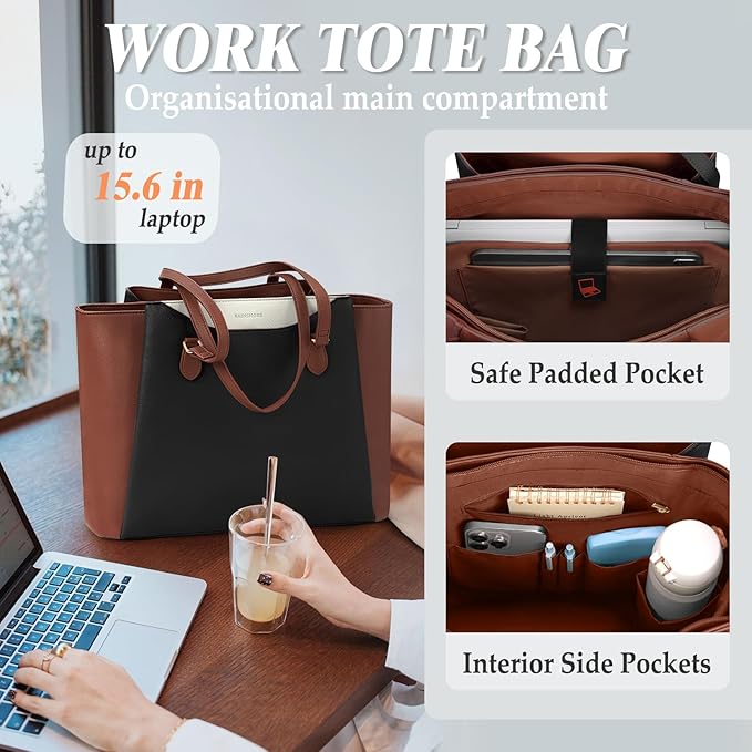 RAINSMORE Laptop Bag for Women 15.6 Inch Work Tote Bags Waterproof Computer Bags Leather Professional Laptop Purse Womens Laptop Briefcase Large Handbag for Office Teacher Travel, Black Brown White