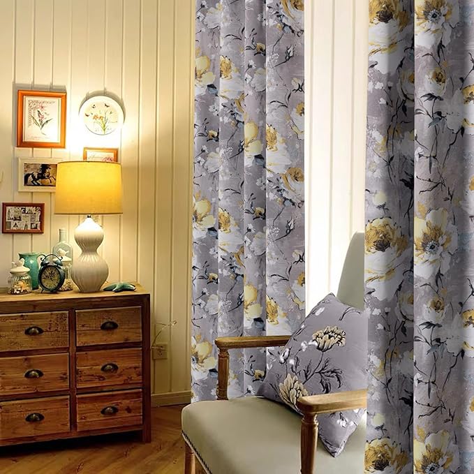 MYSKY HOME Floral Blackout Curtains for Living Room Vintage Floral Curtains Drapes 72 Inches Room Darkening Thermal Insulated Curtains Panels with Grommet, 2 Panels, 52 x 72 Inch, Grey and Yellow