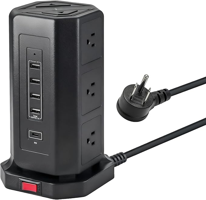EP Power Strip Tower with USB Ports Surge Protector,Power Cord with 9 AC Outlet and 4 USB (3A 1C), 6 FT Extension Cord with Multiple Outlets, Charging Station for Home Office Dorm