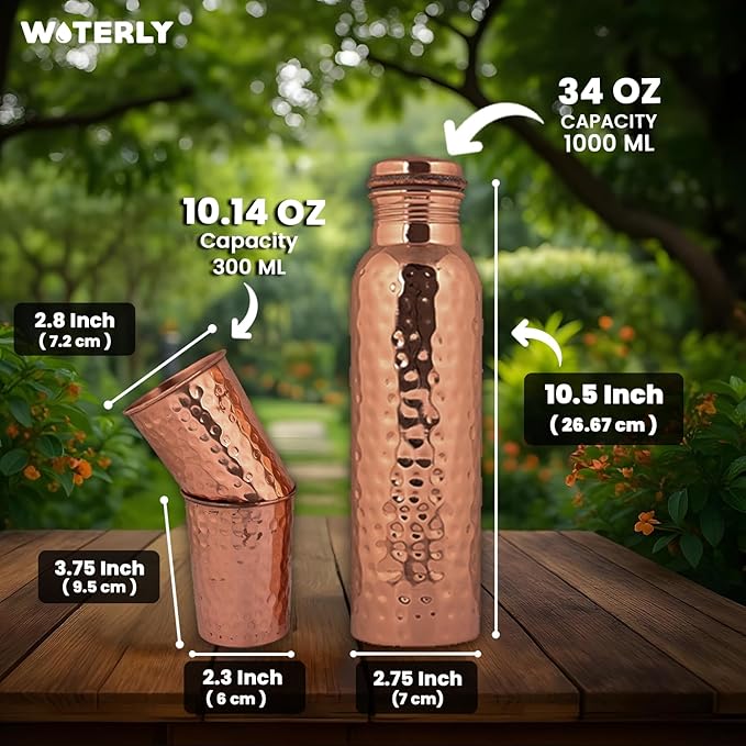 Hammered Copper Water Bottle (34 Oz /1000ml) With Set Of 2 Tumbler (10 Oz/300ml Each) | Best use for Office,Gym & gifts |100% Pure Copper Material with Leak proof Quality Made In India