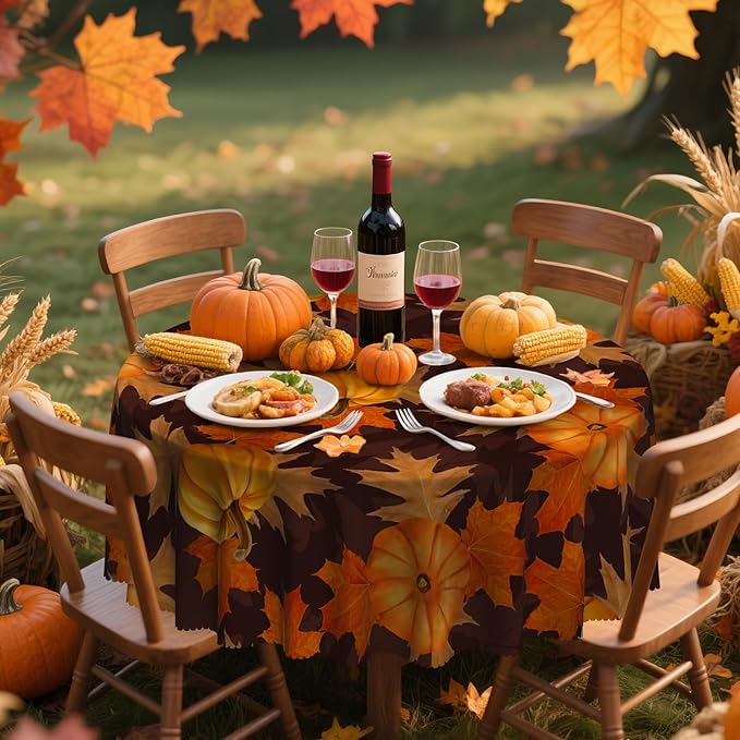 Eikione 60In Round Tablecloth, Pumpkin Table Cloth, Black Checkered Tablecloth Pumpkin Thanksgiving Day Tablecovers