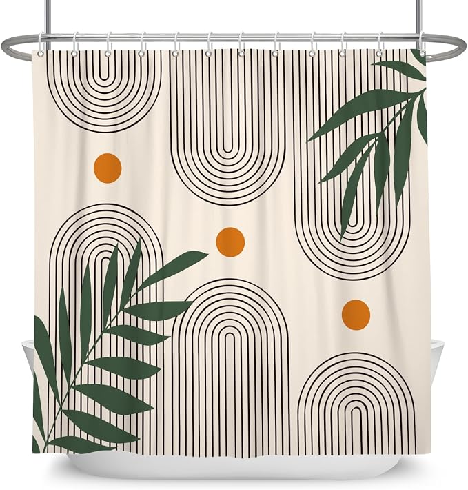 Boho Mid Century Shower Curtain Bohemian Minimalist Geometric Arch Sun Bathroom Curtain Sage Green Plant Polyester Shower Curtain Sets for Bathroom Extra Long 72x96 in with 12 Hooks