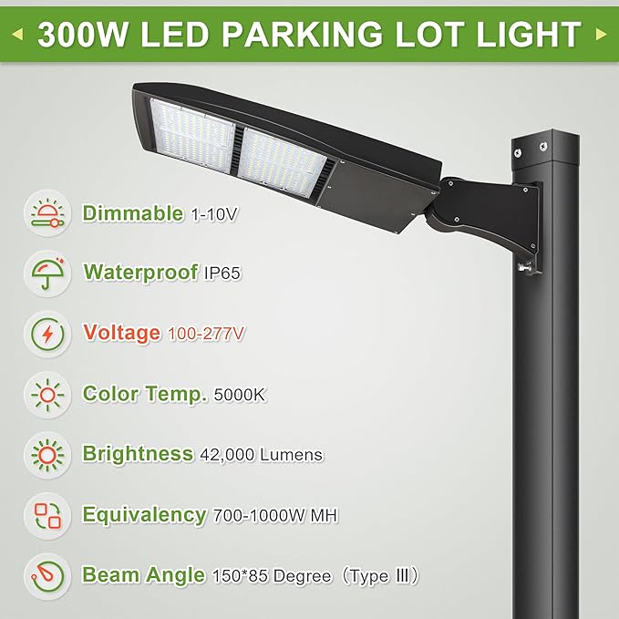 300W LED Parking Lot Lights, 20KV Surge Protection LED Shoebox Lights with Direct Arms Mount, 5000K 1000W MH/HPS Equiv. 40,500-42,000LM, DLC Premium UL cUL AC 100-277V