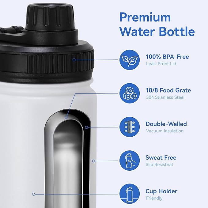 DOMICARE 16 oz Kids Water Bottle for School Stainless Steel Double Wall Vacuum Insulated Water Bottle with Straw lids & Spout Lid, Leakproof BPA Free (White,1)
