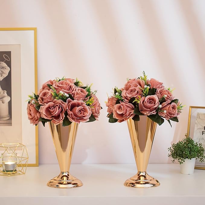 Gold Vase Centerpiece Table Decorations - 2 Pcs Metal Tabletop Flower Stand, Wedding Decorations for Reception, 9.8in Trumpet Tall Flower Vase for Birthday, Weddings, Anniversary Ceremony, Home Decor