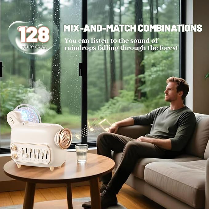 White Noise Machine with Humidifier,Essential Oil Diffuser Water Ripple Light Projector&Bluetooth Speaker - Portable Sleep Sound Therapy, 7 Natural Sounds Style DIY Mixer