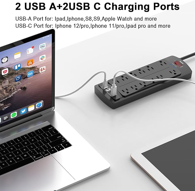 6 Ft Extension Cord Power Strip, Teiobar Surge Protector with 12 AC Outlets and 4 USB Ports for Home, Office, Dorm Essentials, 1875W/15A, 2700 Joules, ETL Listed, Black