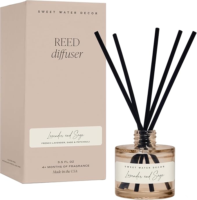 Sweet Water Decor Lavender and Sage Reed Diffuser – Room Decor Aesthetic with Long-Lasting Premium Fragrance of French Lavender, Lime, Fern Leaves for 4 Months – Ideal for Aromatherapy and Home Decor