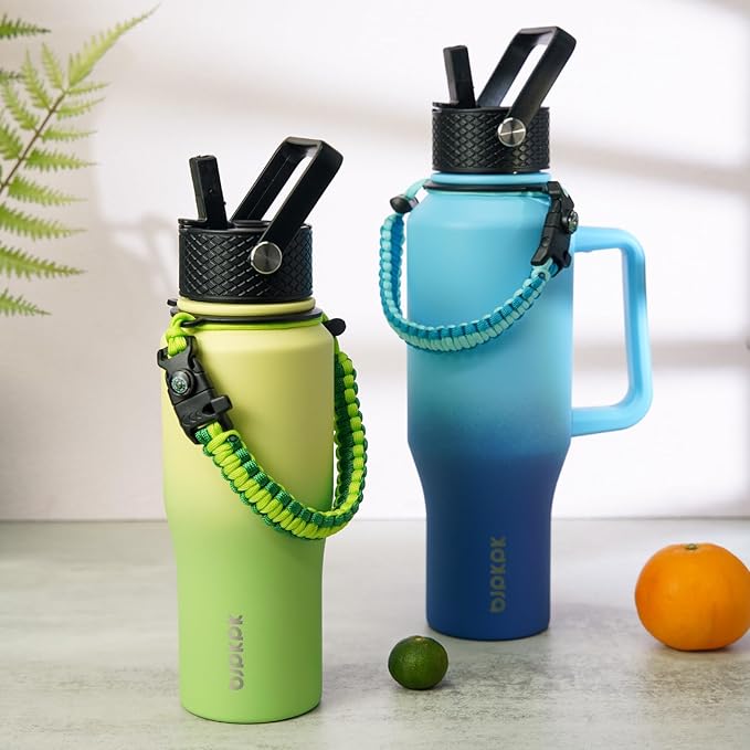 BJPKPK Insulated Water Bottles with Straw Lid, 40oz Metal Water Bottle with 2 lids & Paracord Strap, Double Wall Stainless Steel Tumbler with Handle, Reusable Cups, Mugs, Thermo, Fresh Green