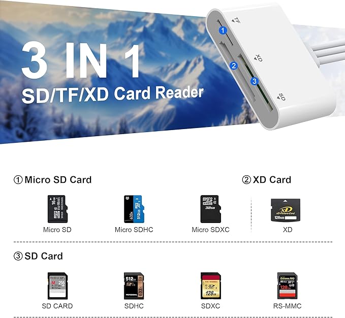 XD Card Reader, SD Card Reader for iPhone, 3 in 1 SD/TF/XD Picture Reader for Lightning/USB C/USB A Device, Lightning+USB A+USB C xd Picture Card Adapter for iPhone 16/15/14/13/iPad/PC/Android