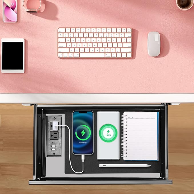 LEYSRIS 17.5" Under Desk Storage Drawer with Built-In Power Strip, Black Sliding Pull-Out Drawer for Sit Stand Workstation