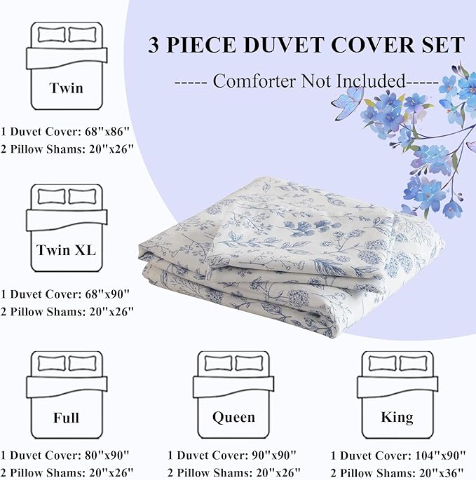 LifeTB Boho Floral Duvet Cover Twin Soft Cotton Blue Floral Bedding Sets Vintage Style Chic Flower Botanical Aesthetic Floral Comforter with Zipper Closure Twin(68''x86'')