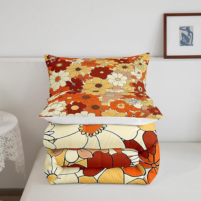 Castle Fairy Bohemian Flowers Comforter Set Twin Size,70s Vintage Floral Quilt Set for Kids Boys Bedroom Collection,Hippie Retro Groovy Botanical Polyester Bedding with 1 Pillowcase,2Pcs