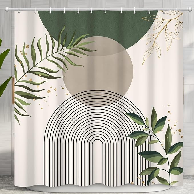 Boho Mid Century Shower Curtain, Green Modern Minimalist Abstract Geometric Gold Plant Leaves Sun Arch Bathroom Curtains Waterproof Fabric Buthtub Curtain Set with Hooks 72" Wx72 L