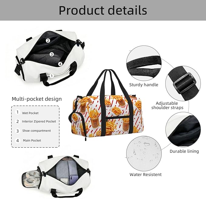 Sports Gym Bag French Fries Chips Pattern Travel Duffel Bag With Shoe Compartment Shoulder Strap, Lightweight Water-Resistant Weekend Overnight Totes For Women Men