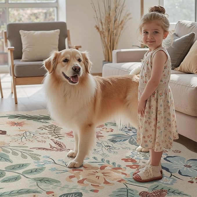 DCX Beige Floral Rug 9x12, Washable Beige Rug for Living Room, Kid & Pet Friendly with Rubber Back Non Slip, Soft Low Pile Carpet, Stain Resistant Rug for Bedroom, Nursery, Dining Room