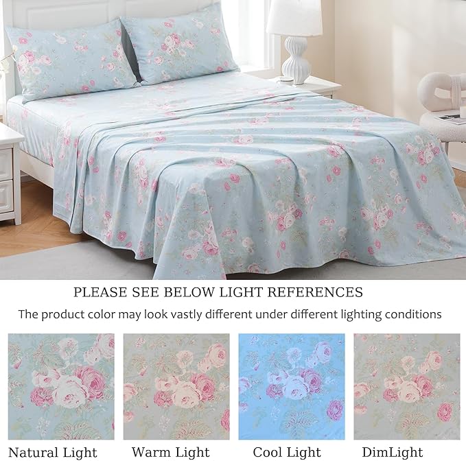 Zusbest Blue Floral Sheets Set Full Size 100% Cotton Pink Flowers Bed Sheet Shabby Vintage Chic Bedding Romantic Pastoral Style Original Design Soft Luxury Deep Pocket Fitted Sheet 17.5'', 4 Pcs