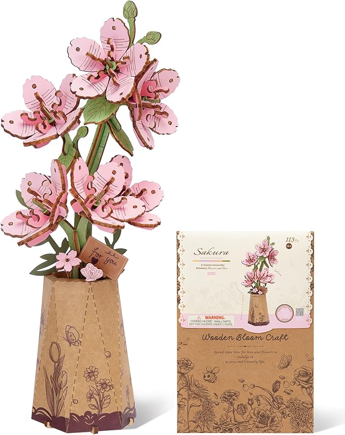 3D Flower Wooden Puzzles for Adults-Sakura, DIY Wooden Flowers Model Kit Building Set Crafts for Adults to Build, Botanical Collection/Ideal Creative Gift Ideas/Housewarming (113PCS)