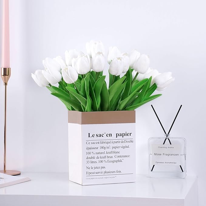 20pcs White Artificial Tulip Fake Flower 12.9 Inch Spring Mother's Day Easter Gift for Home Kitchen Wedding Decoration