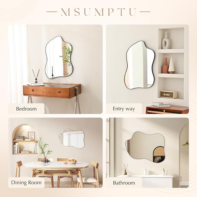 Irregular Wall Mirror Black Wave Shaped Metal Framed Wall Mirror for Bathroom Bedroom Entryway Living Room Wall Decor 34" L x 25.5" W 2302B