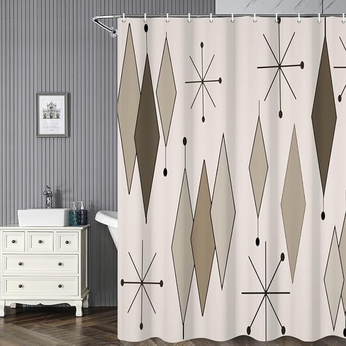 Boho Light Grey Brown Shower Curtain Abstract Mid Century Diamond Geometric Atomic Starburst Pattern Beige for 1950s Retro Bathroom Decor Shower Curtain Set with 12 Hooks, 69x70 Inches