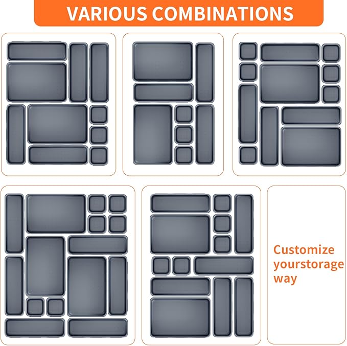 45 Pack Desk Drawer Organizer Tray, 3 Sizes Plastic Drawers Organizer Storage for Kitchen, Bathroom, Office, Vanity, Makeup, Utensils, Junk Drawer Organizer Bins, Gadget Trays for Organizing, Grey