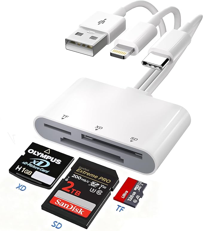 XD Card Reader for iPhone, 3in3 SD/TF/XD Picture Card Adapter to Lightning/USBC/USB A, x-D Picture Cards Reader for iPhone 17/16/15/14/Pad/PC/Android Support SD/TF/X-D Fujifilm Olympus 128G 256G 2TB