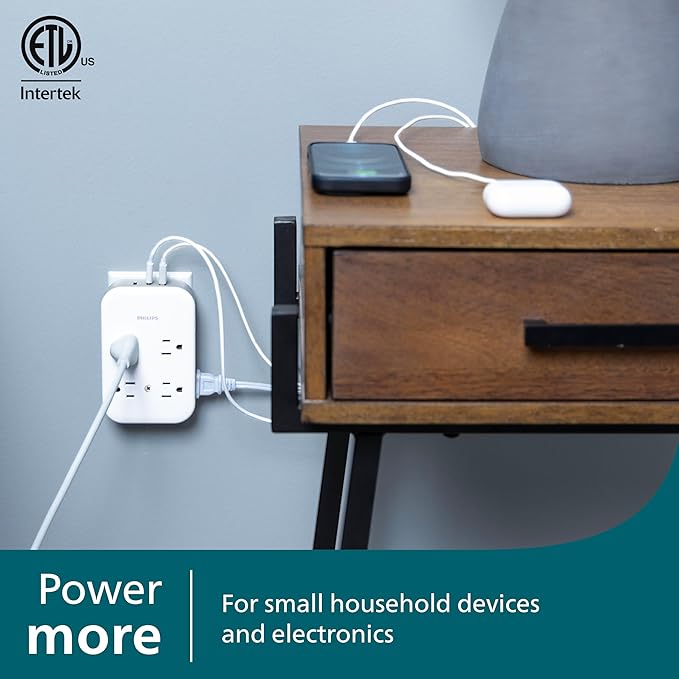 Philips All-in-One Surge Tap with USB, 4 Grounded & 4 Polarized Outlets, 2 USB-C & 1 USB-A Ports, 15W Shared, 1140 Joules, ETL Certified, White/Gray, SPP3155GW/37