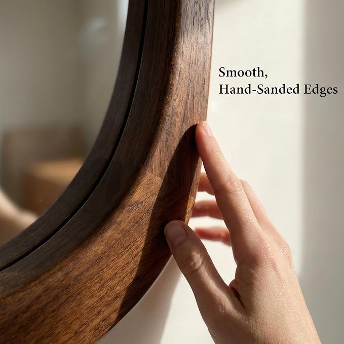 Solid Wood 36"x24" Retro Mid-Century Asymmetrical Wall Mirror, Irregular Wooden Wall-Mounted Mirror, Sculptural Bathroom Vanity Mirror for Living Room & Sideboard, Dark Walnut