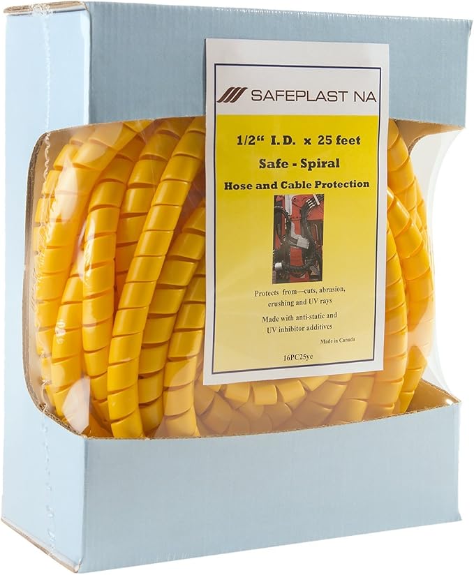 Caplugs SPPC Series – Safeplast Safe-Spiral Pre-Cut Spiral Wrap, Hose & Cable Protector, Yellow HD-PE, 0.67" OD x 25' Pre-Cut Length, Hydraulic & Pneumatic Hoses (16PC25ye)