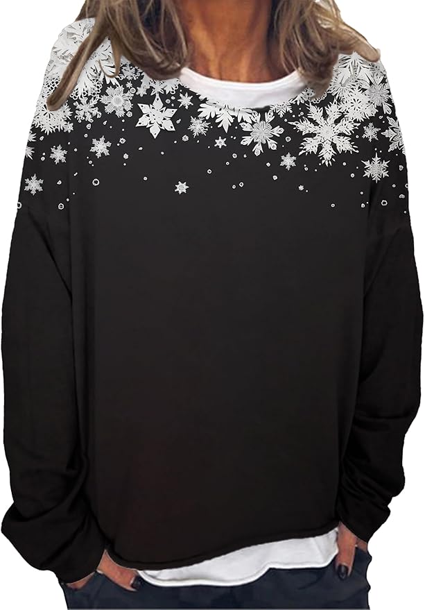 LOAIHA Christmas Shirts for Women Crewneck Snowman Snowflake Santa Graphic Shirts Christmas Tree Long Sleeve Xmas Hoodie