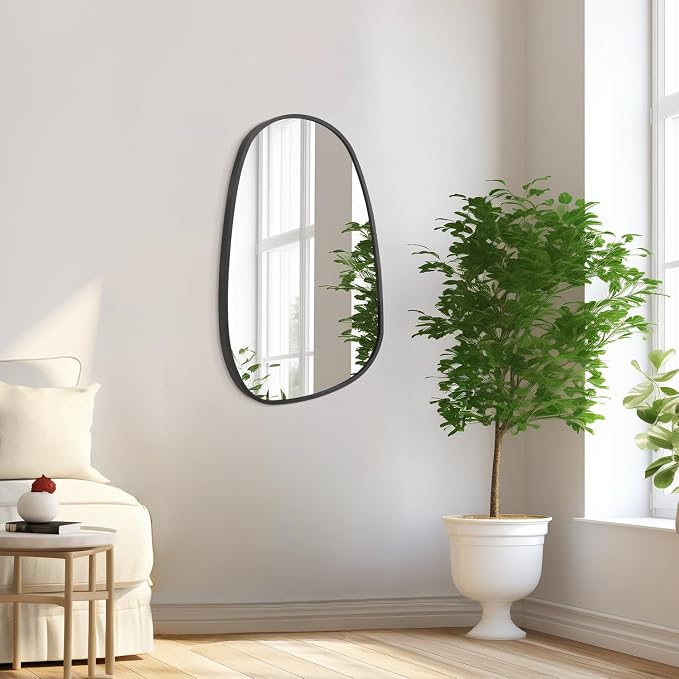 Black Irregular Bathroom Mirror for Wall, Aluminum Alloy Frame Asymmetrical Mirrors Brushed Metal Vanity Wall Mounted Mirror for LivingRoom Bedroom Room Home Decor Large 26"x14"