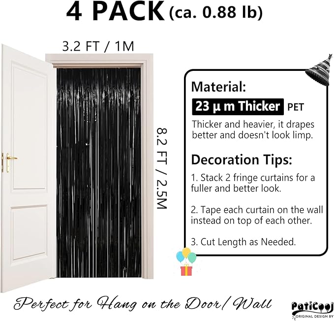 Thicken Black Streamers 4 Pack 3.2 x 8.2 FT, Black Tinsel Backdrop Curtains, Foil Fringe Photo Backdrop for New Years, Halloween, Retirement, Bachelor Party Decorations, Birthday Decorations for Men