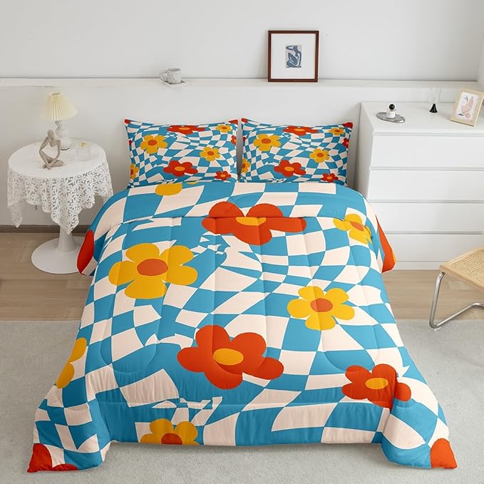 Castle Fairy Kids Vintage Groovy Daisy Flowers Comforter Set Twin Size,Abstract Blue Plaid Bedding Comforters Bedroom Decor,70s Hippie Floral Microfiber Duvet Set for Kids Teens,2 Pcs