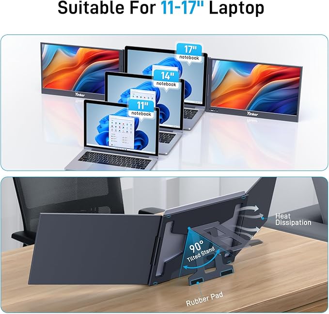 Yinker Laptop Screen Extender, 15.6" Triple Portable Monitor, Ultra-Slim 1080P FHD IPS, 360° Rotation, USB-C Plug&Play Single, Compatible with Mac/Windows/Android/PS4 for 11-17" Laptops