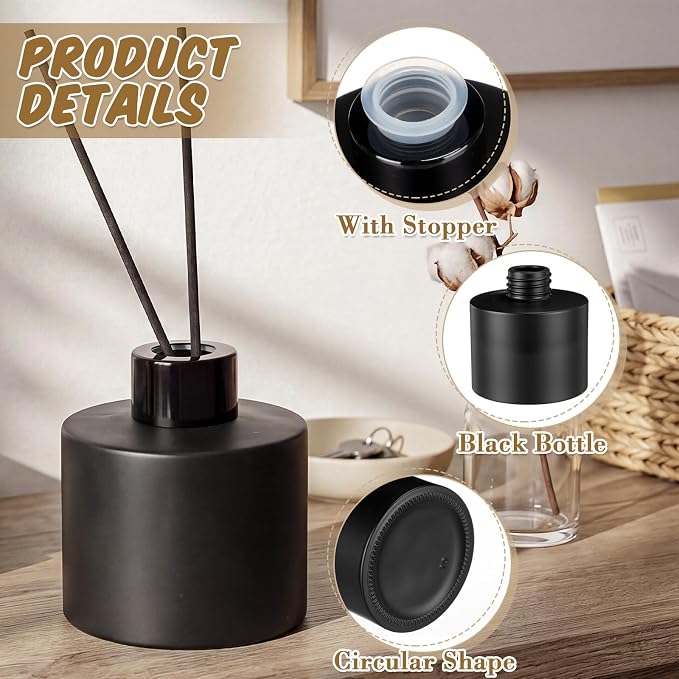 Chunful 10 Sets Black Reed Diffuser Bottle Empty Refillable Fragrance Glass Diffuser Bottles 100ml Round Glass Jars with Black Caps & Rattan Sticks for Living Room Home Replacement Fragrance DIY