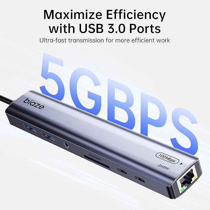 BIAZE 9-in-1 USB/USB C Hub Adapter for MacBook, iPhone,3 USB Ports (2xUSB 3.0, USB 2.0), 100M Ethernet, SD/TF Card Reader, 3.5mm Audio, 2X USB-C Data Ports,No Driver Required