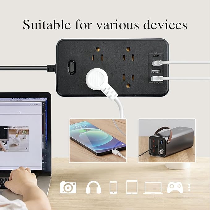 10FT Power Strip Extension Cord Surge Protector with 8 Outlets and 2 USB & 2 USB-C Port(5V 3.1A),Bold Extension Cord with Fuse Surge Protected Power Strip for Home Office (Black)
