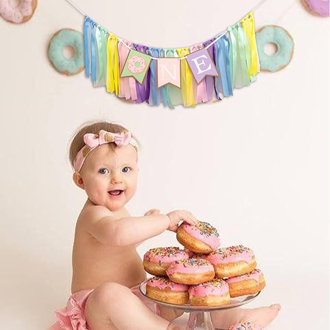 Donut High Chair Banner 1st Birthday - Donut Grow Up Highchair Banner, Sweet One Birthday Party Decorations for Cake Smash, Photo Prop...