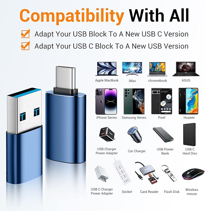 Temdan USB to USB C Adapter,Car Charger OTG Converter Compatible with MacBook Pro Air 2024,Samsung Notebook and More Type C,for iPhone 17 16 15 Air Plus Pro Max,OTG Adapters-Blue