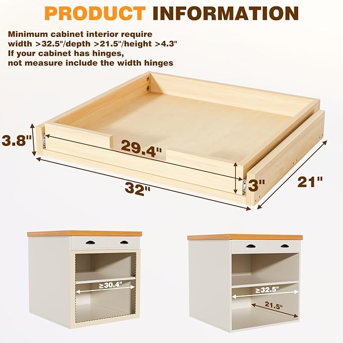 Grehitk Pullout Cabinet Organizer, 32''W×21''D×3''H Slide Out Shelves for Kitchen Cabinets, Pull out Drawers for Kitchen Cabinets, Pantry, Bathroom, & Storage Organization