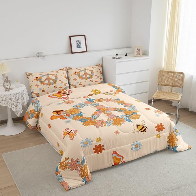 Retro 70s 60s Hippie Bedding Set King Size,Groovy Flowers Butterfly Honeybee Comforter Set Room Decor for Couple,Floral Peace Symbol Microfiber Down Comforter,2 Pillowcases