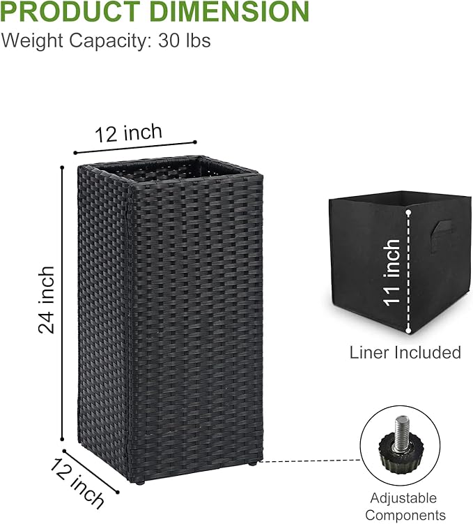 LEWIS&WAYNE Set of 2 Tall Planters for Outdoor Plants Handmade 24'' Wicker Tall Square Planter Box with Removable Liners Modern Planter for Indoor Outdoor Garden Patio Front Porch - Black