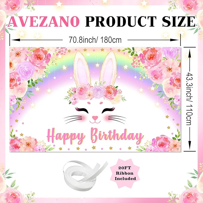 Avezano Bunny Birthday Banner Pink Floral Rainbow Bunny Happy Birthday Party Decorations Bunny Birthday Banner Decorations for Girls Rabbit Spring Easter Birthday Party Supplies 70.8 x 43.3 Inch