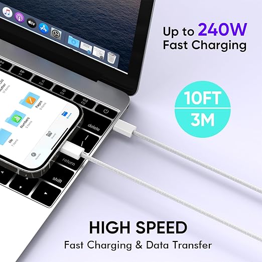 USB C to USB C,240W USBC Woven Charge Cable,10FT 2Pack Long USBC Cable Fast Charging Cord for Apple MacBook Pro/MacBook Air,iPad Pro/Air,iPad mini,iPhone 16e 16 15 ProMax Compatible 140W/100W/60W/45W